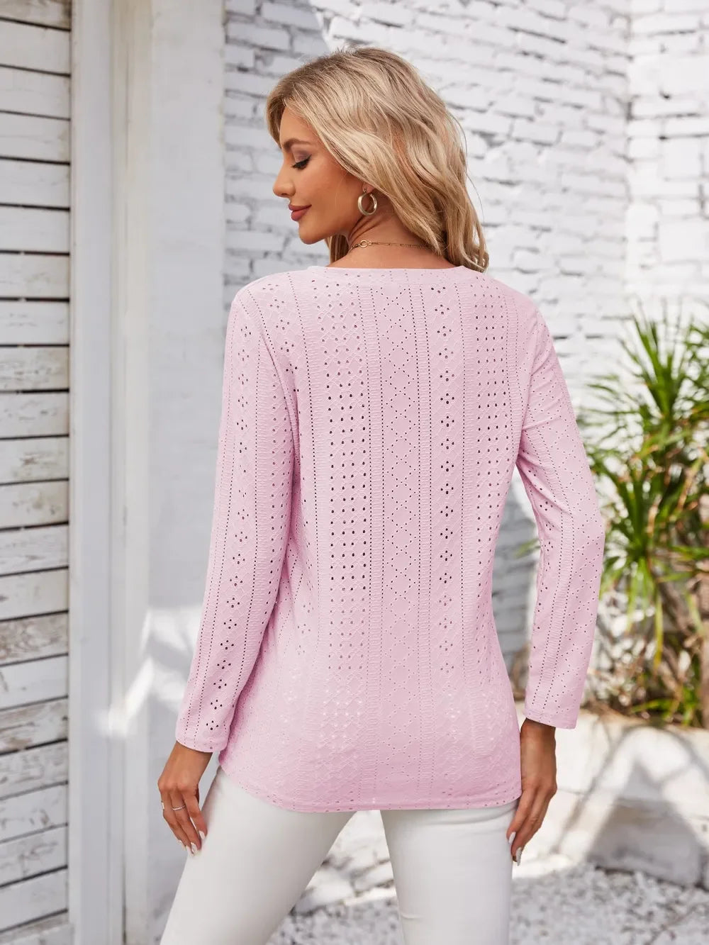 V Neck Openwork T Shirt With Decorative Buttons - Southern Shores Clothing