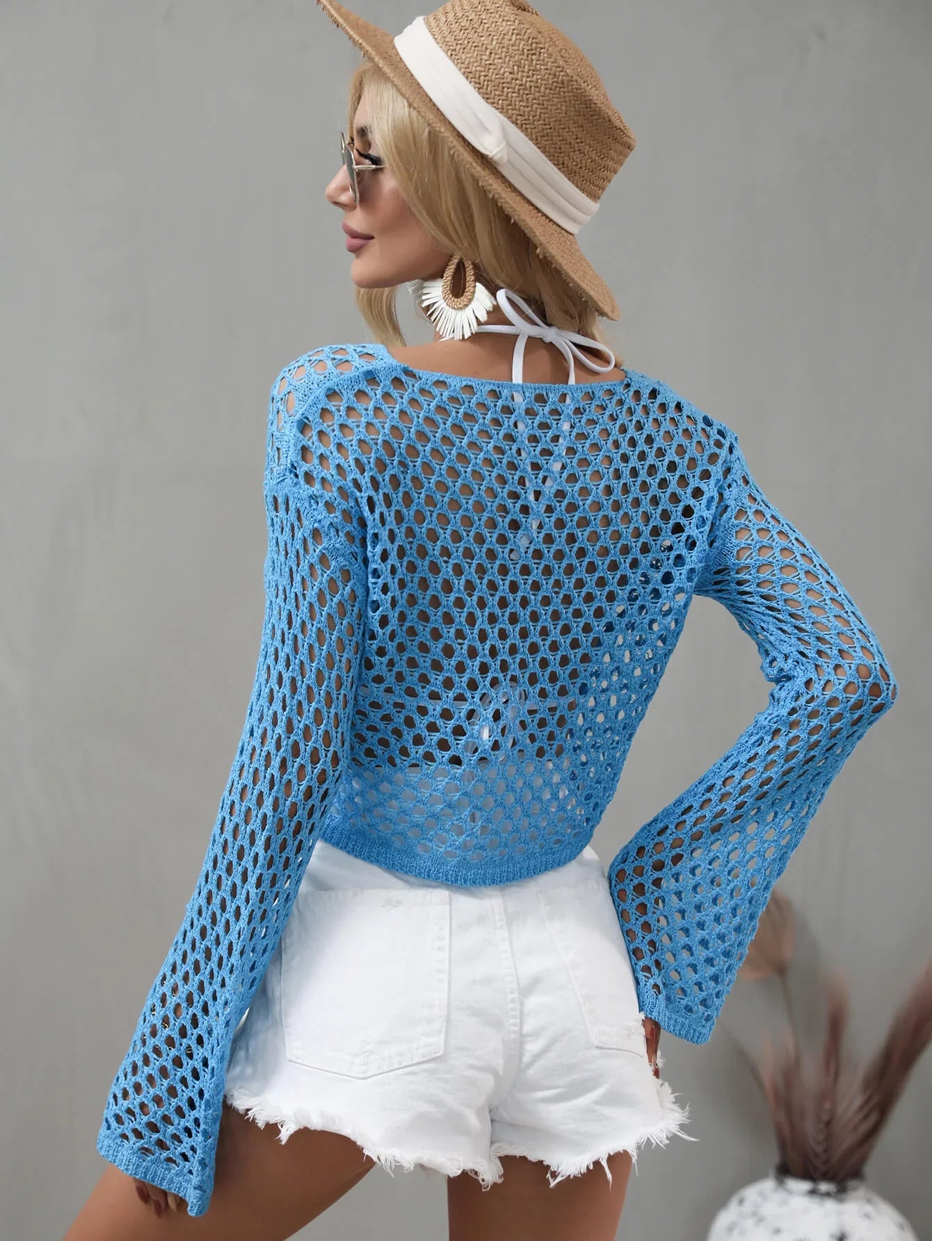 Openwork Flare Sleeve Cropped Cover Up Beachwear - Southern Shores Clothing