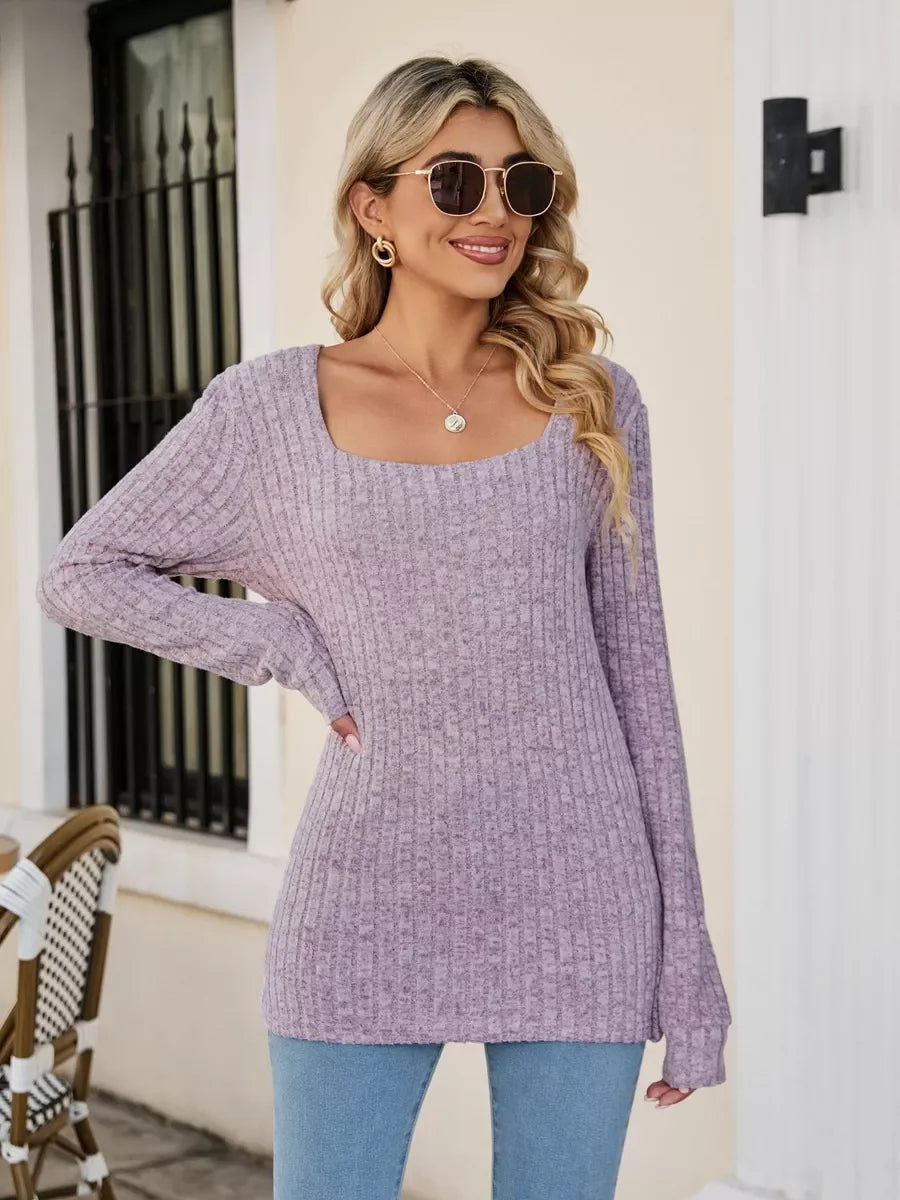 Ribbed Square Neck Long Sleeve Stretch T Shirt - Southern Shores Clothing