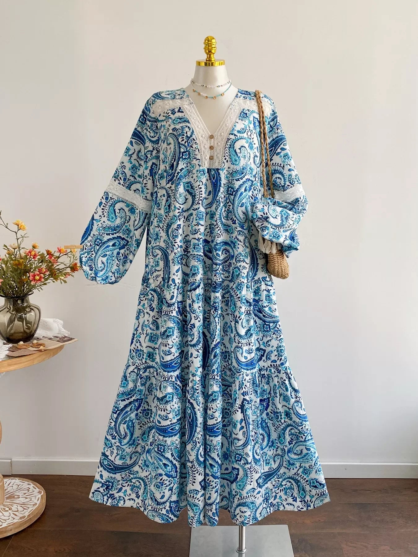 Bohemian Paisley Print V-Neck Dress With Lace And Button - Southern Shores Clothing