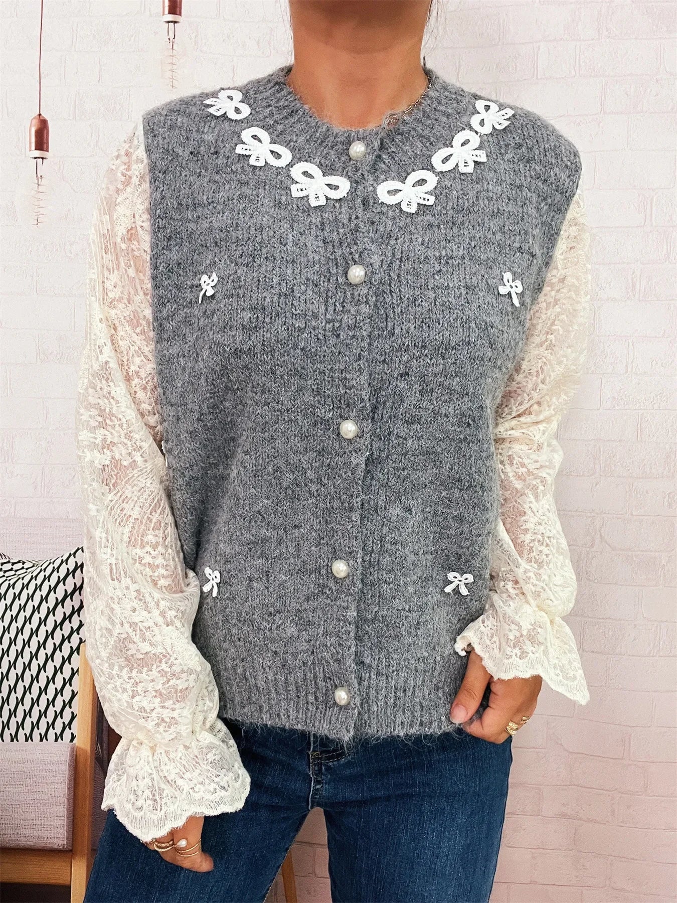Lace Sleeve Button-Up Cardigan With Ruffled Detail - Southern Shores Clothing