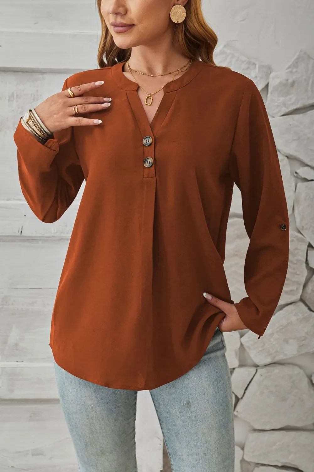 Decorative Button Notched Long Sleeve Blouse - Southern Shores Clothing