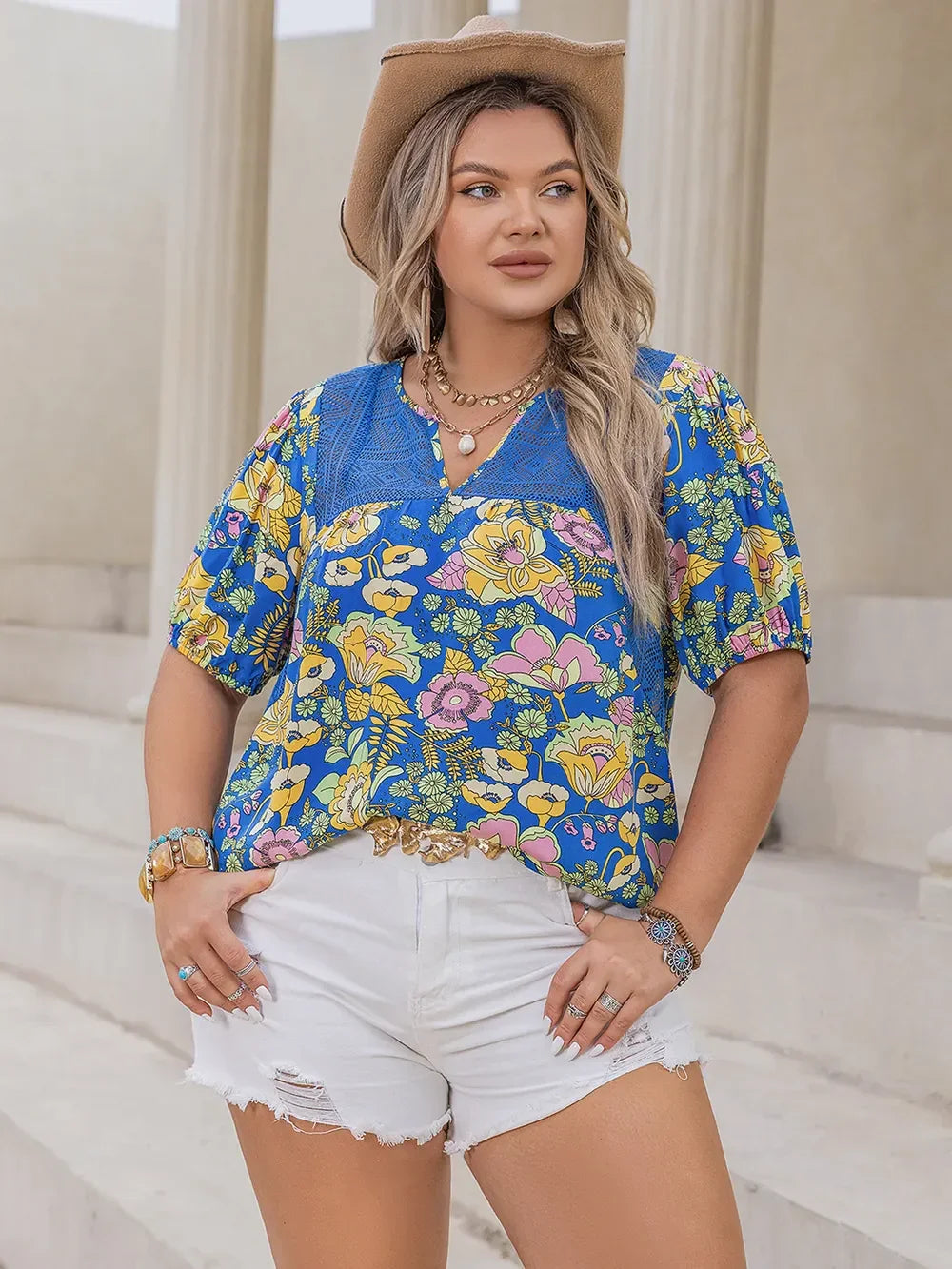 Plus Size Printed Notched Short Sleeve Blouse - Southern Shores Clothing