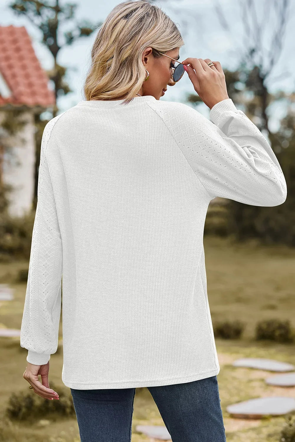 Eyelet Round Neck Long Sleeve T-Shirt - Southern Shores Clothing