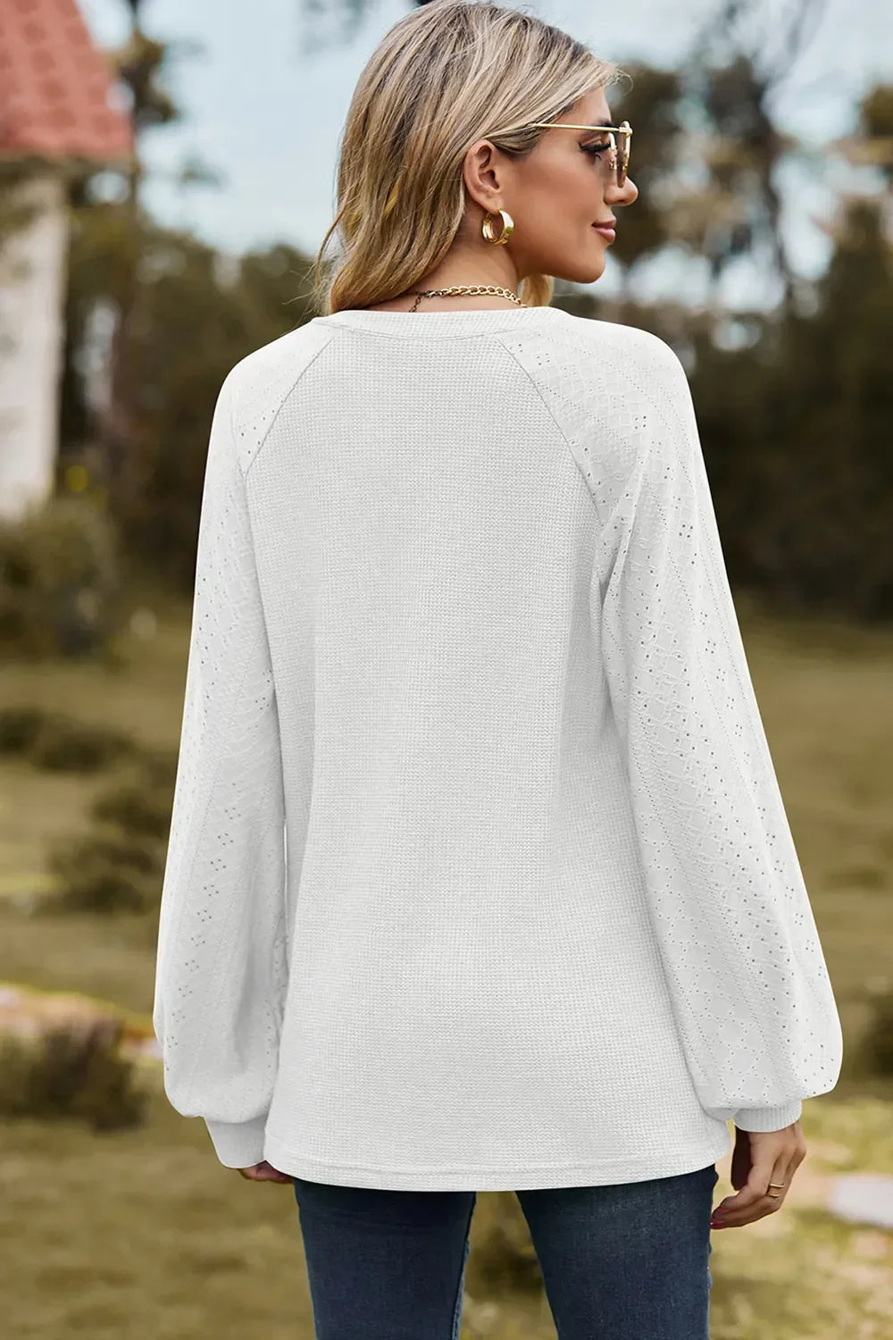 Eyelet Notched Raglan Sleeve T-Shirt - Southern Shores Clothing