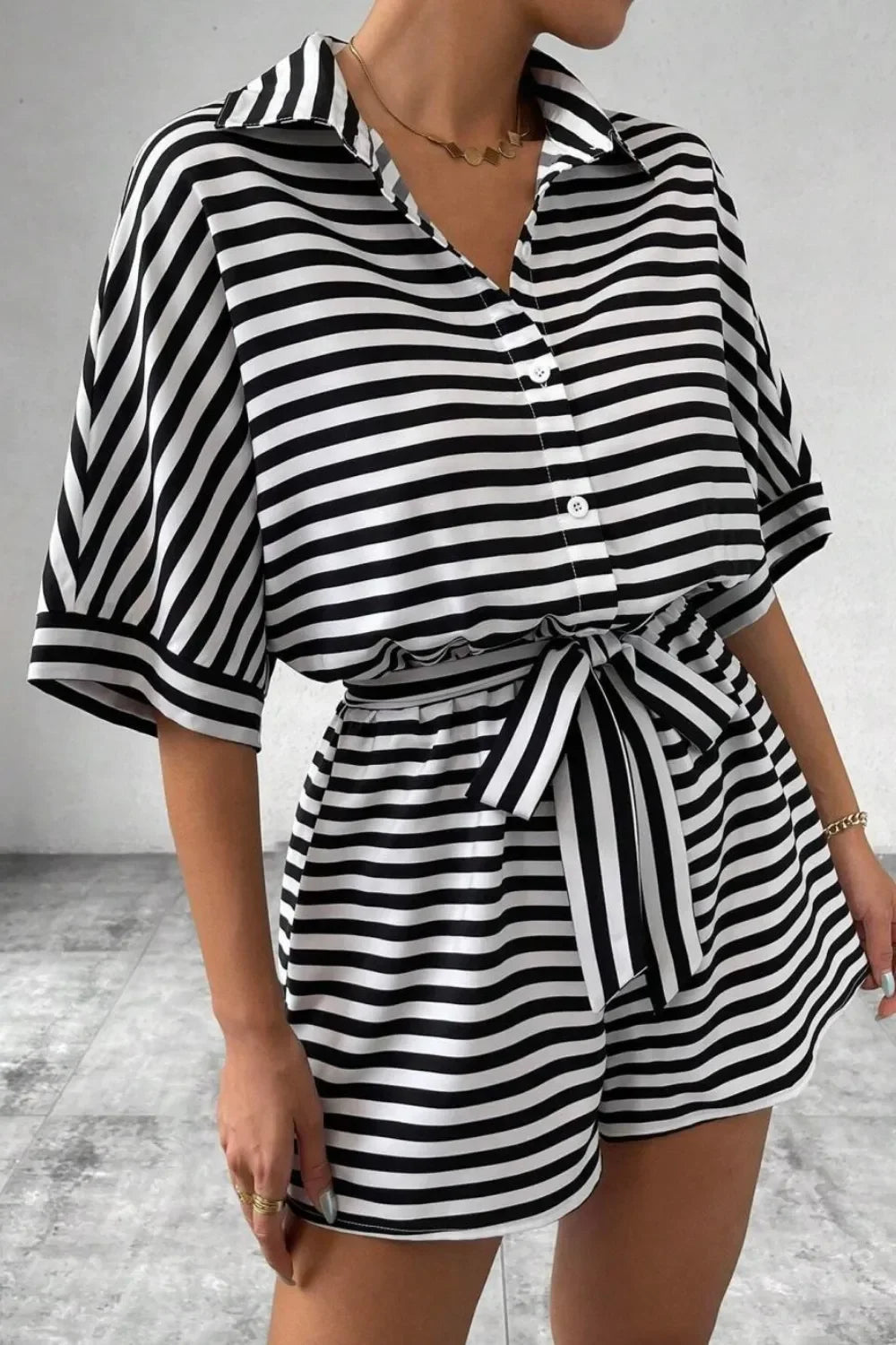 Striped Collared Neck Tie Waist Romper Relaxed Fit - Southern Shores Clothing