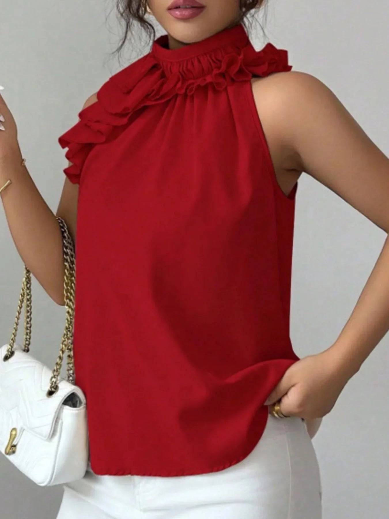 Ruffled High Neck Sleeveless Top With Draped Silhouette Detail - Southern Shores Clothing