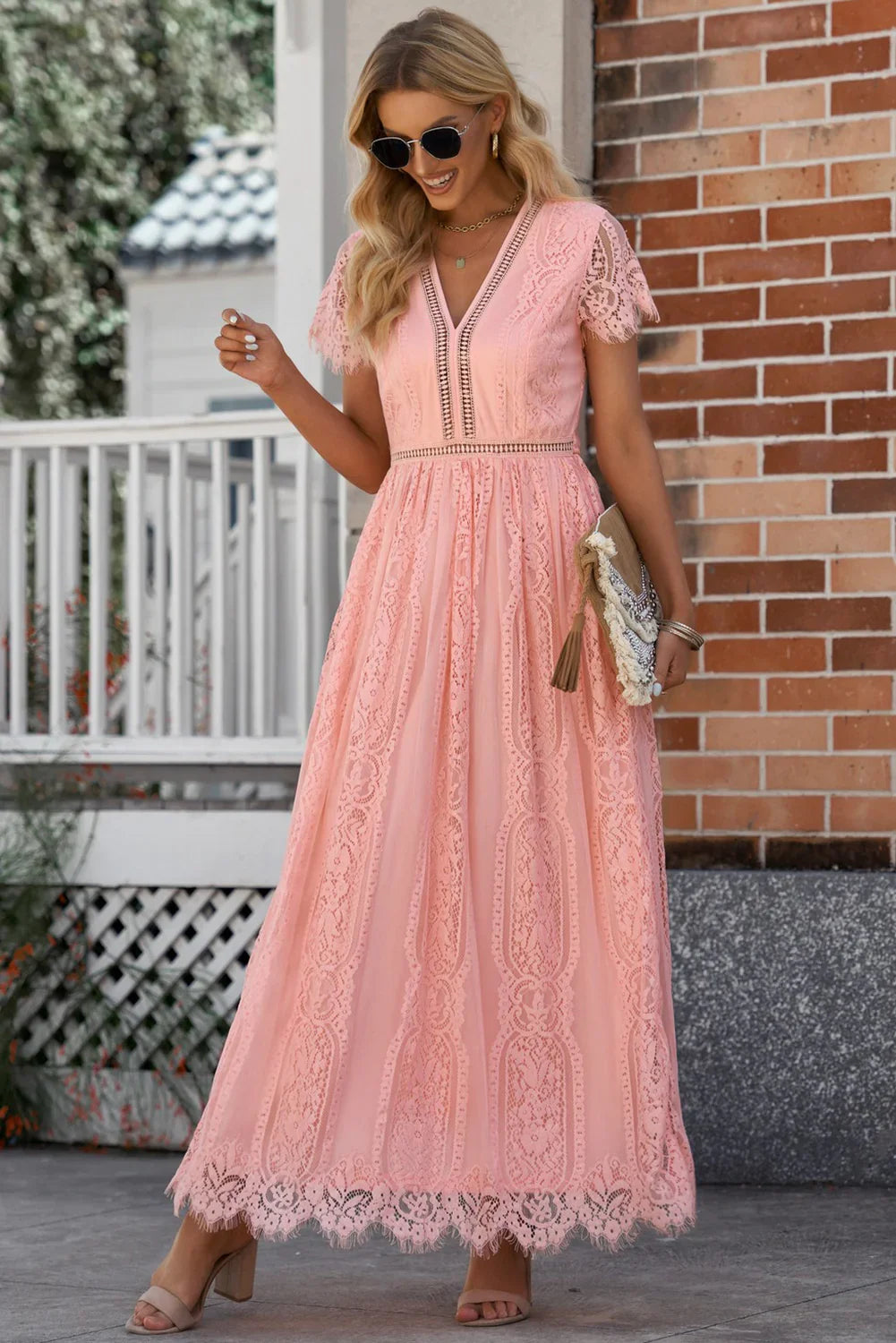 Scalloped Trim Lace Plunge Dress - Southern Shores Clothing