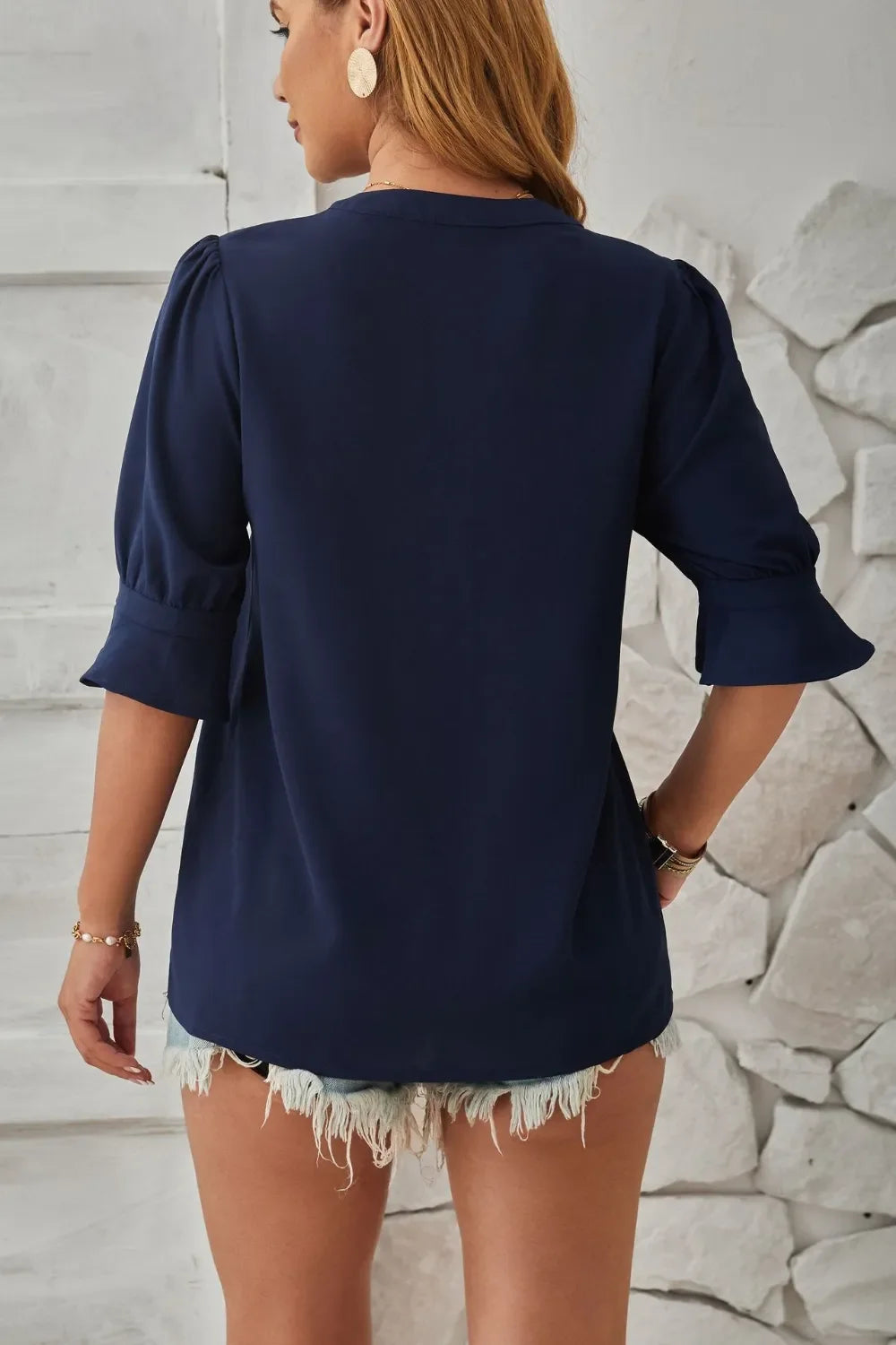 Notched Half Sleeve Blouse With Everyday Versatility - Southern Shores Clothing
