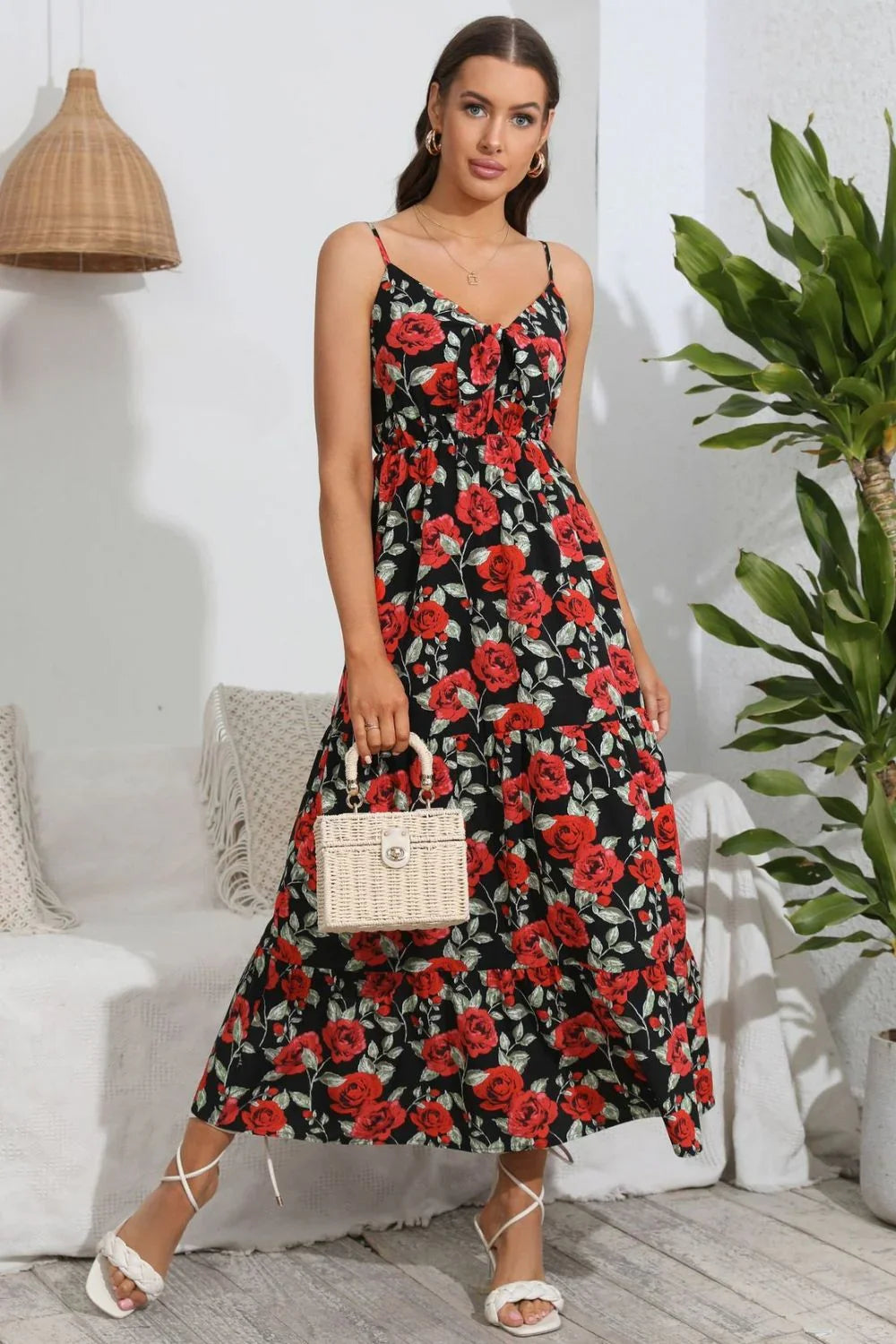 Rose Print Spaghetti Strap Sweetheart Neck Dress - Southern Shores Clothing