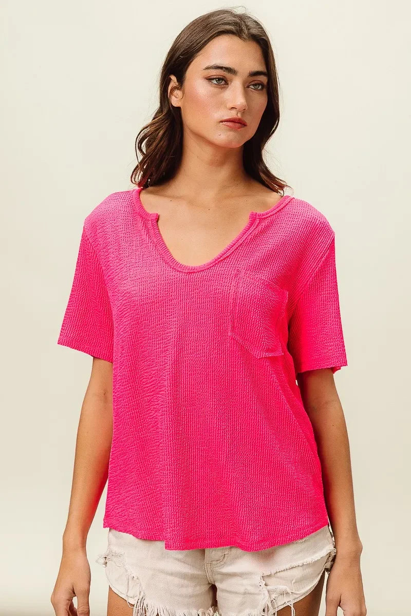 Waved Rib V Neck Top With Front Pocket Relaxed Fit - Southern Shores Clothing