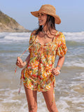 Smocked Printed Tie Neck Romper With Elastic Puff Sleeves - Southern Shores Clothing