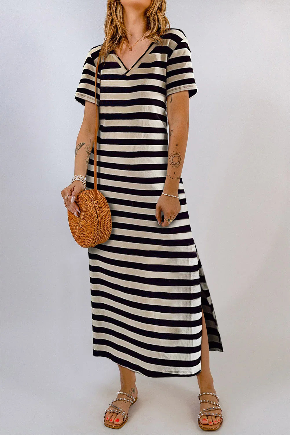 Striped V-Neck Short Sleeve Side Slit Dress - Southern Shores Clothing