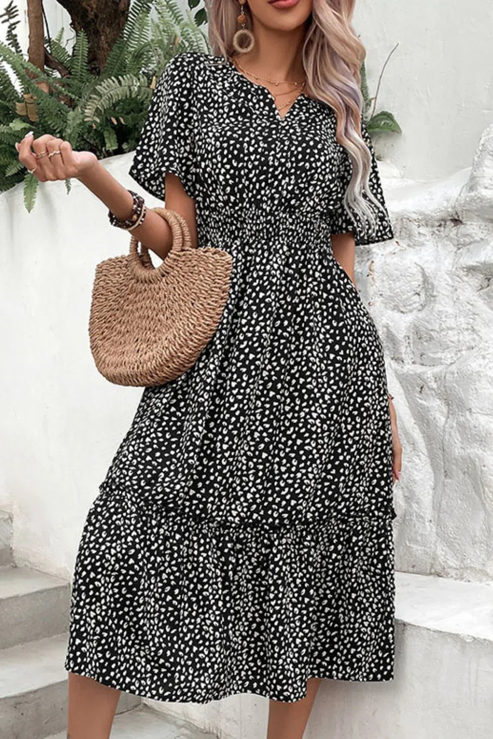 Perfee Leopard Print Short Sleeve Midi Dress - Southern Shores Clothing