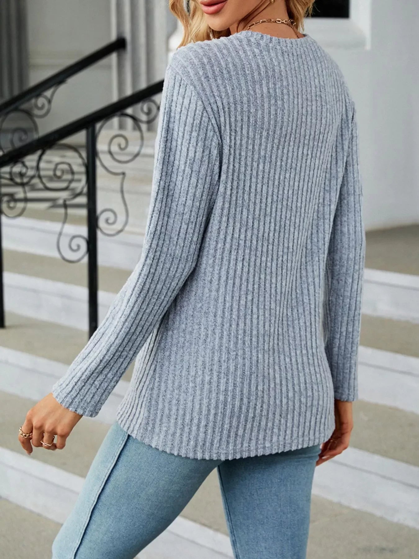 Ribbed Knit Decor Button T-Shirt - Southern Shores Clothing