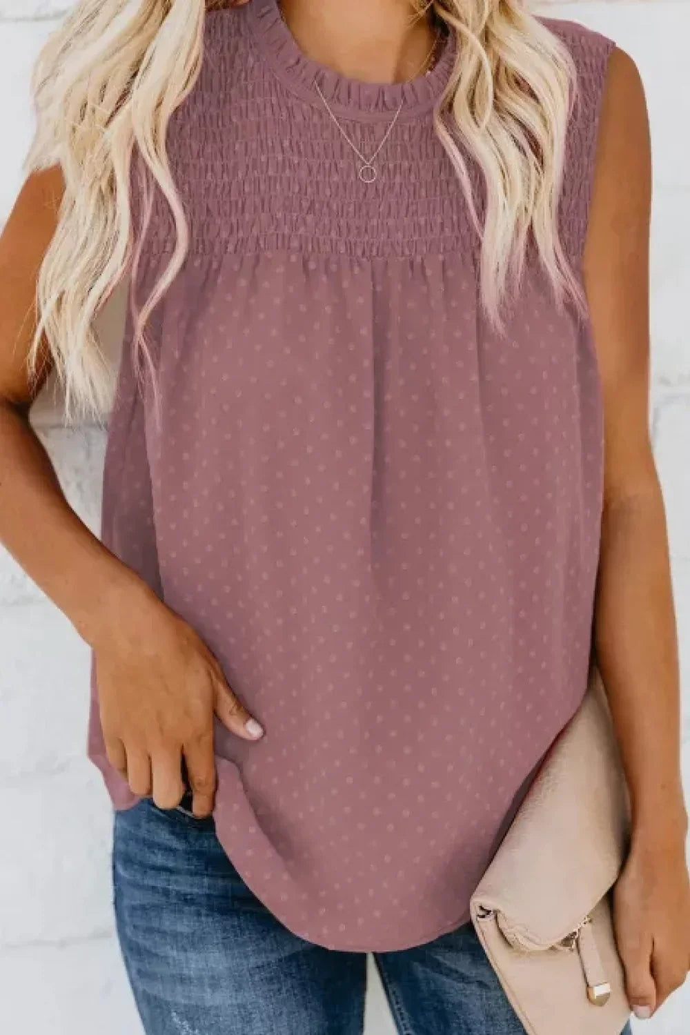Smocked Tie Back Frill Trim Tank Top With Swiss Dot - Southern Shores Clothing