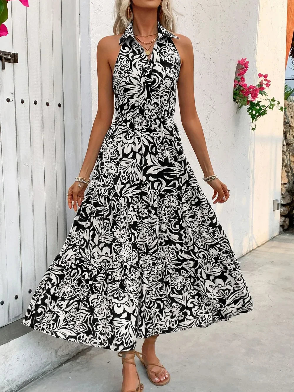 Halter Neck Backless Smocked Printed Sleeveless Midi Dress - Southern Shores Clothing