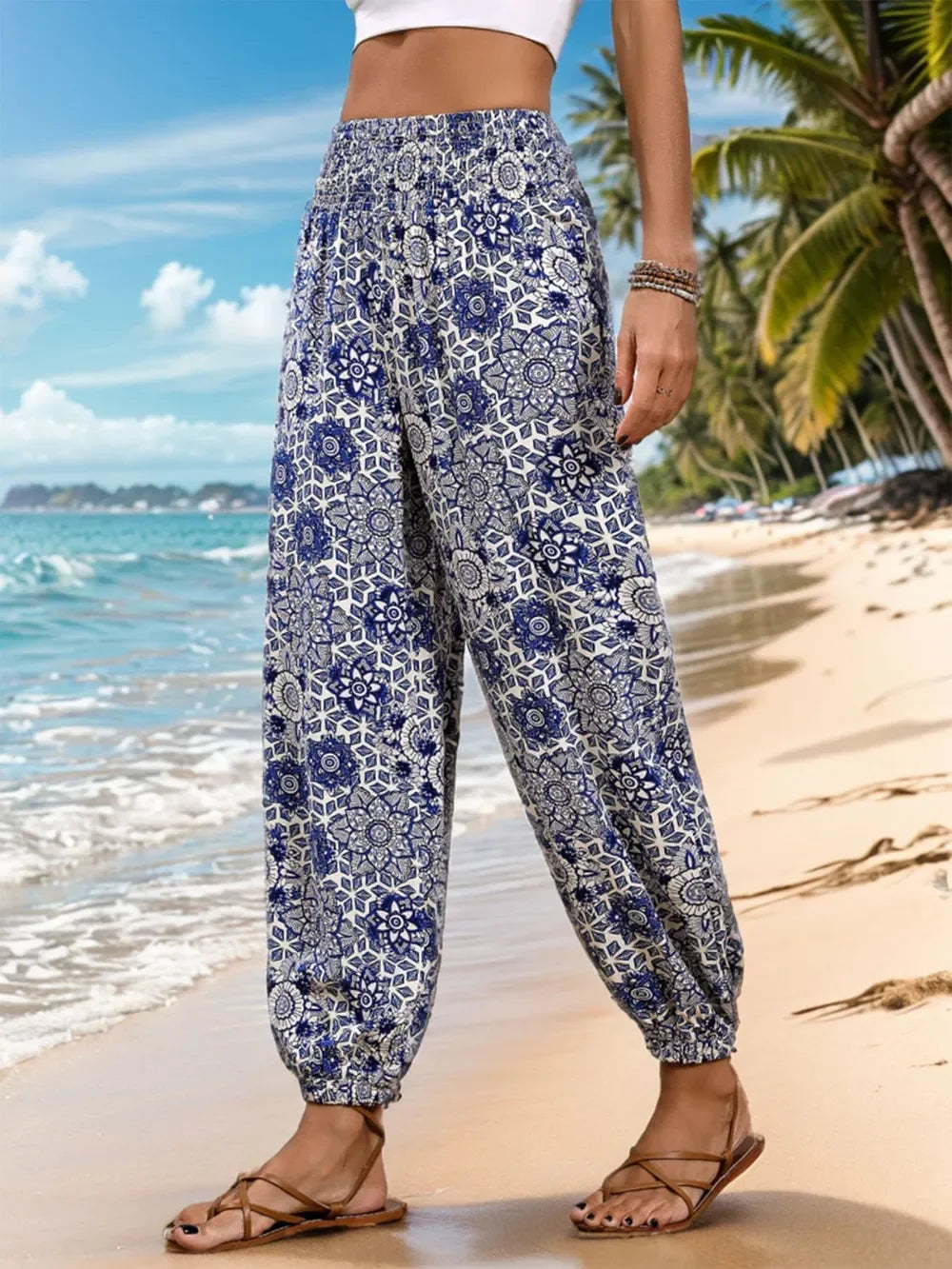 Patterned Elastic Waist Pants With Allover Geometric Print - Southern Shores Clothing