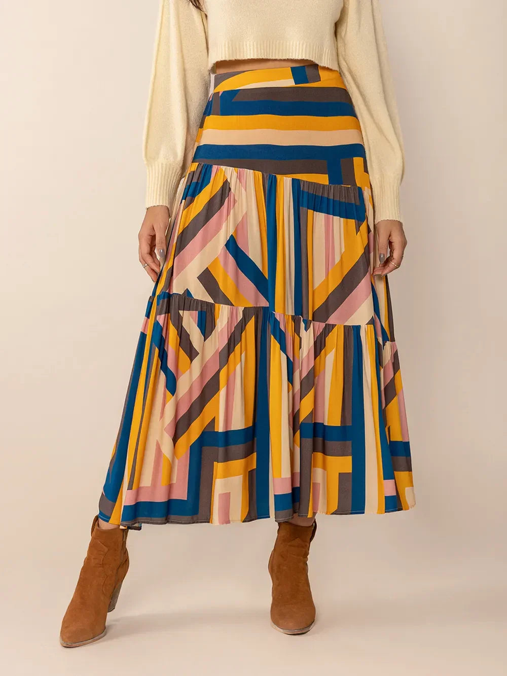 Ruched Elastic Waist Contrast Midi Skirt - Southern Shores Clothing