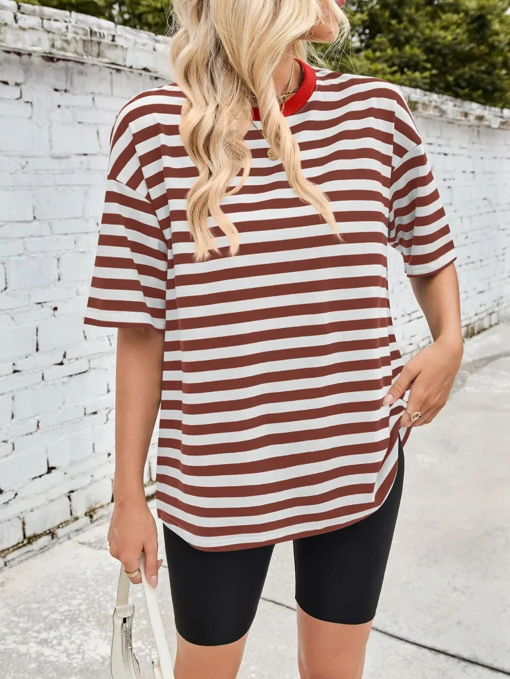 Striped Round Neck Half Sleeve Stretchy T Shirt - Southern Shores Clothing