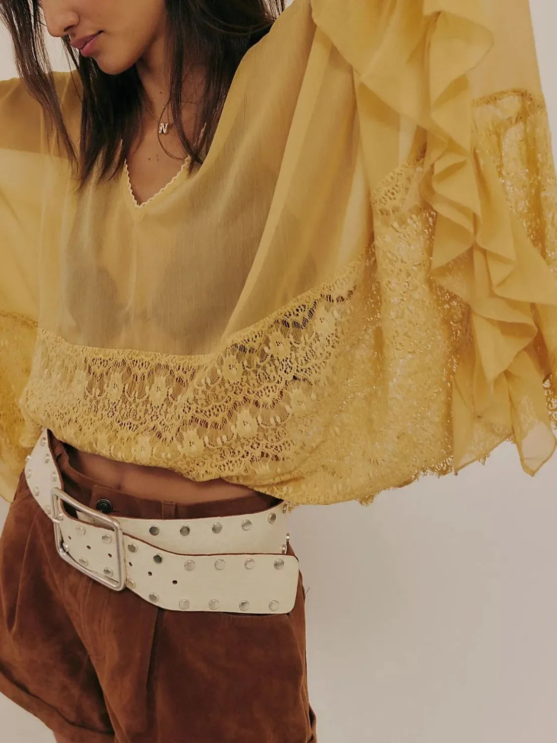 Lace V-Neck Ruffle Long Sleeve Beach Cover-Up - Southern Shores Clothing