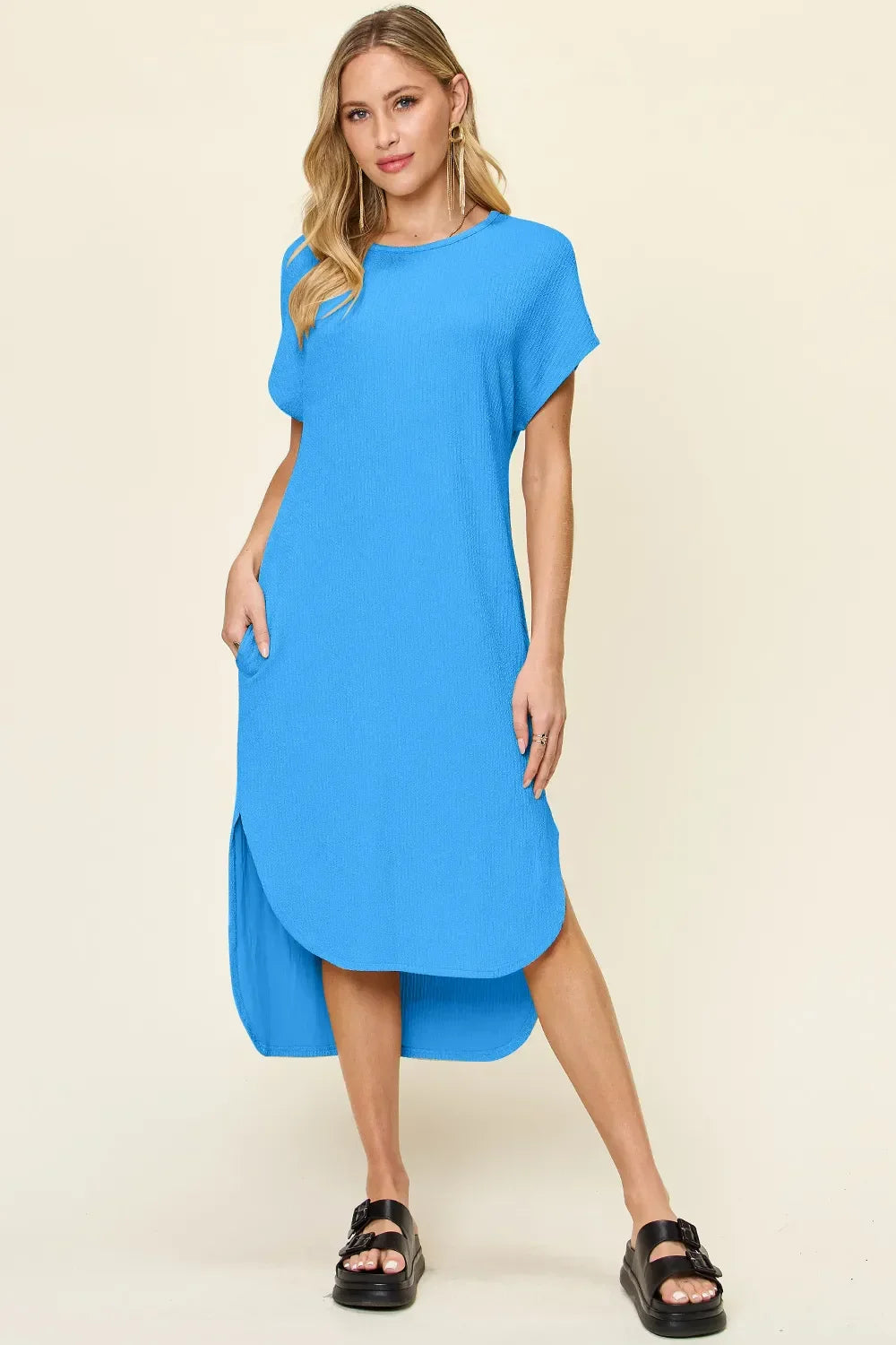 Versatile Round Neck Short Sleeve Slit Dress - Southern Shores Clothing