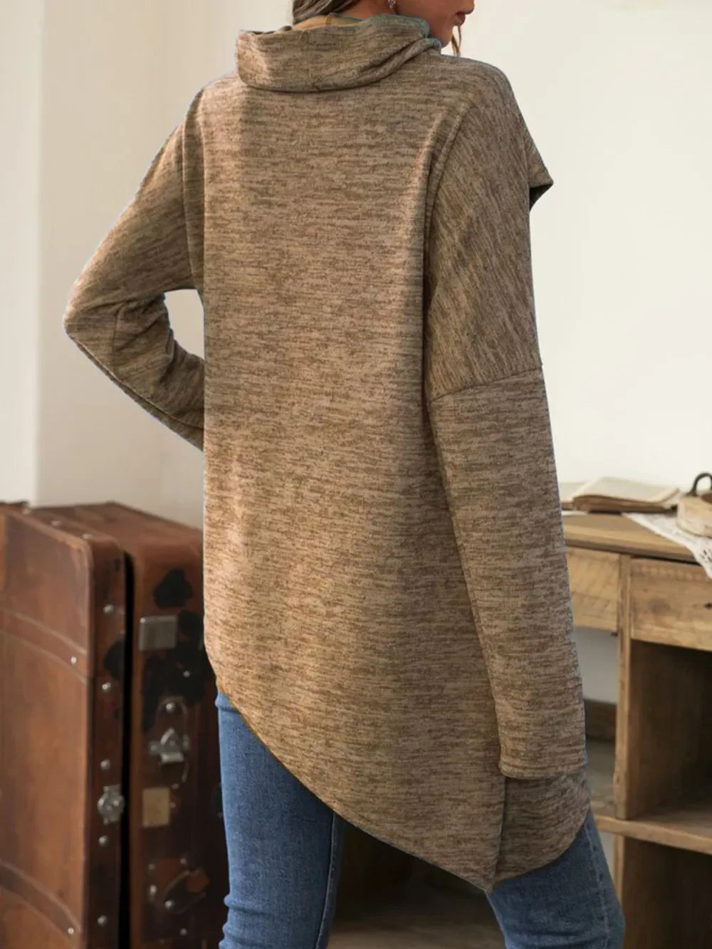 Asymmetrical Hem Cowl Neck Long Sleeve T-Shirt - Southern Shores Clothing