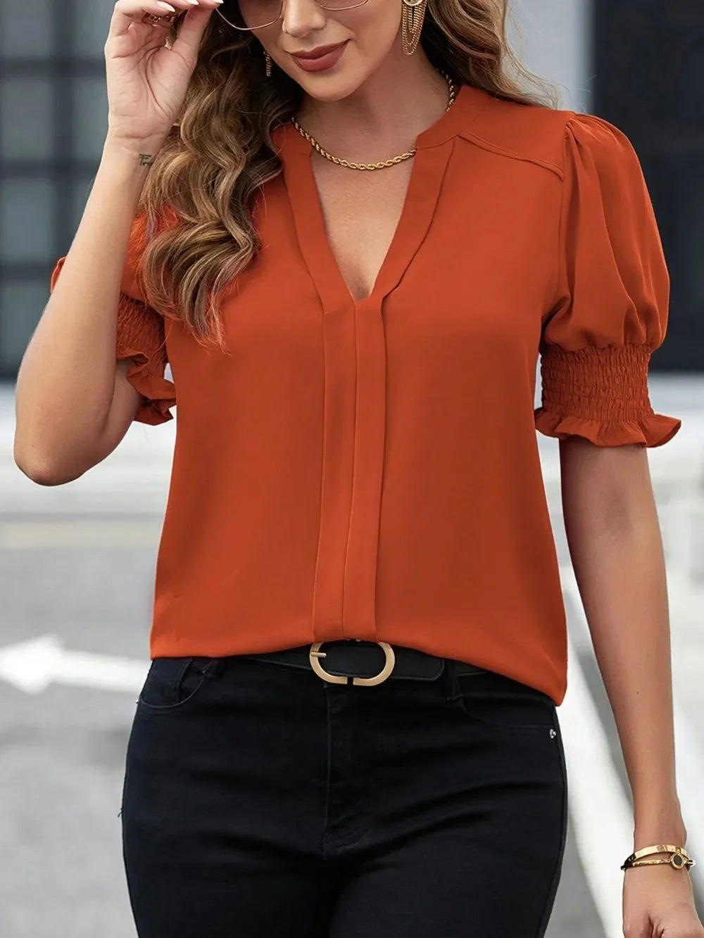 Southern Shores Clothing Notched Short Sleeve Polyester Blouse For Everyday Comfort And Style - Southern Shores Clothing