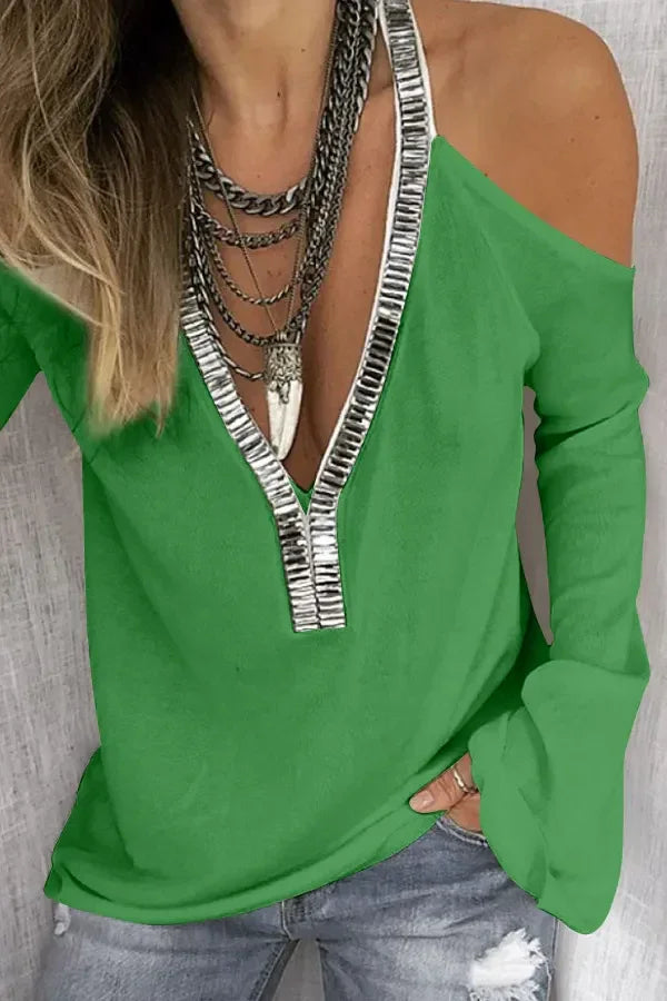 Sequin V-Neck Cold Shoulder Top With Stretchy Fabric - Southern Shores Clothing