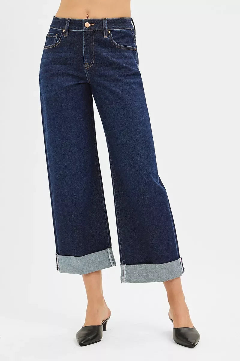 Mid Rise Ankle Wide Leg Roll Up Denim Jeans - Southern Shores Clothing