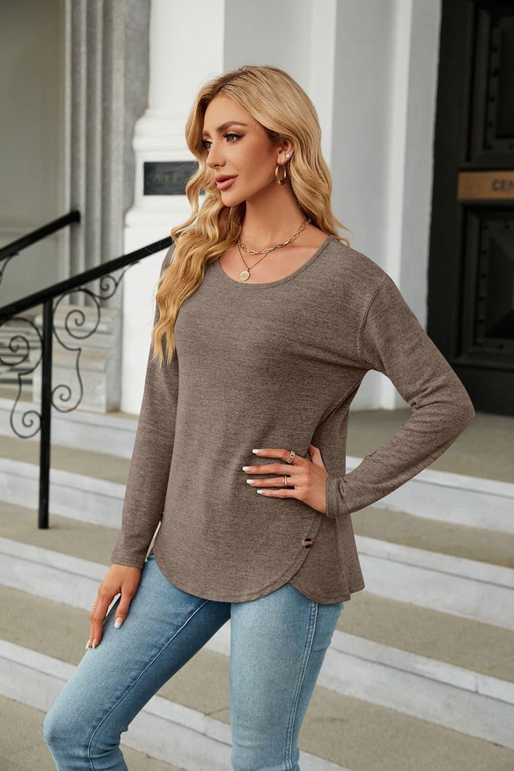 Solid Pattern Round Neck Long Sleeve Stretch Tee - Southern Shores Clothing