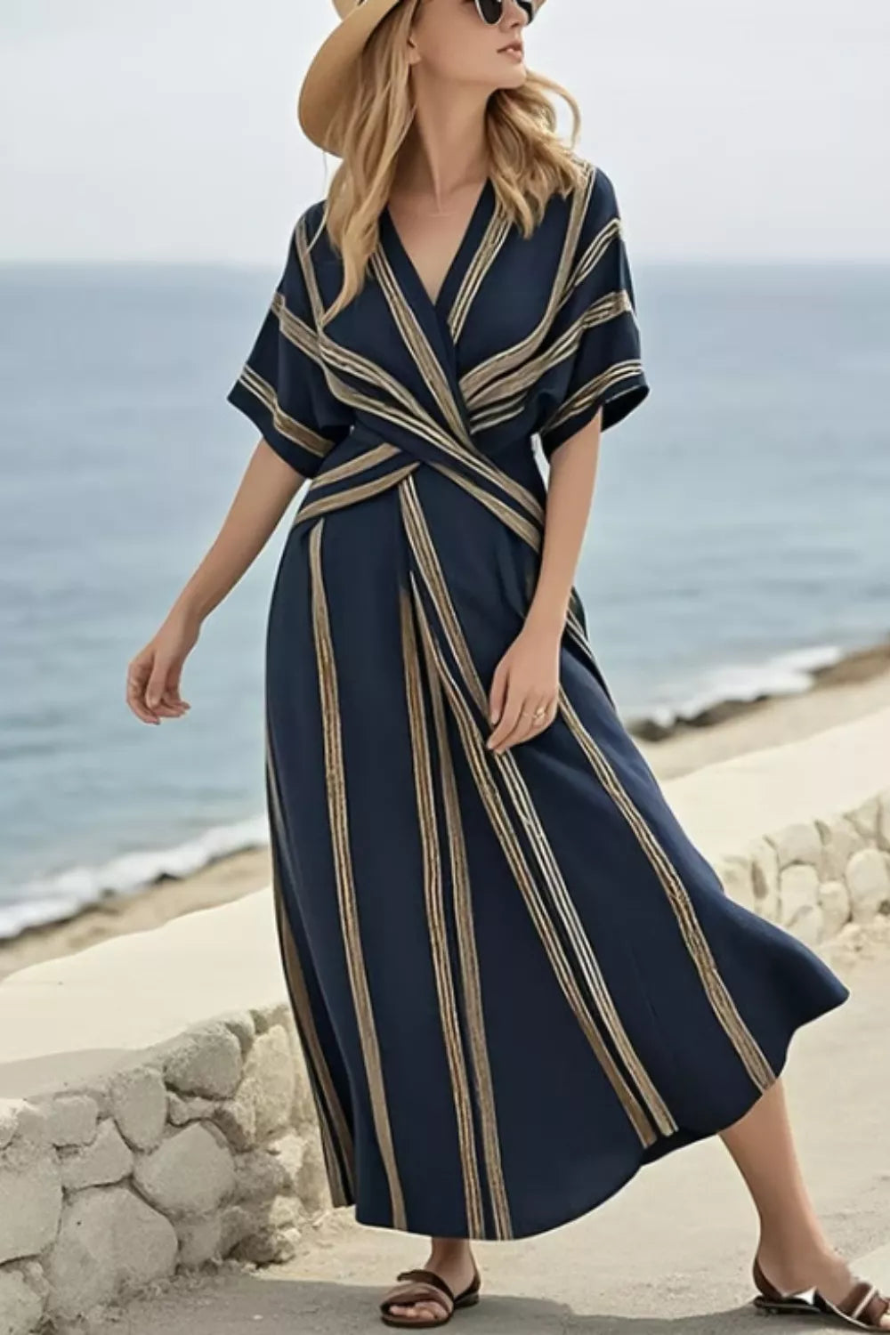 Striped Wrap Maxi Dress With Half Sleeve