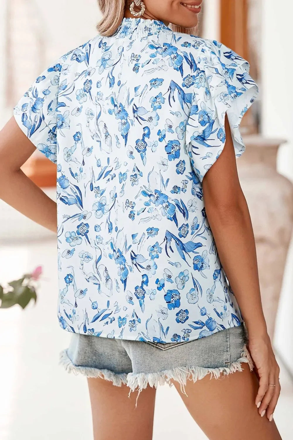 Floral Print Ruffled Short Sleeve Blouse - Southern Shores Clothing