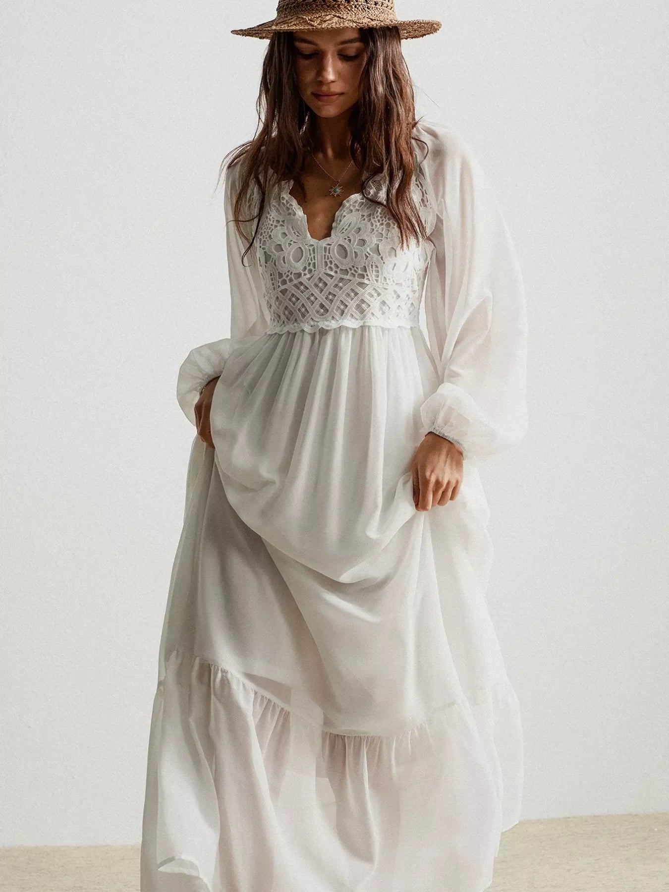 Boho Crochet Lace Maxi Dress With Smocked Bodice - Southern Shores Clothing