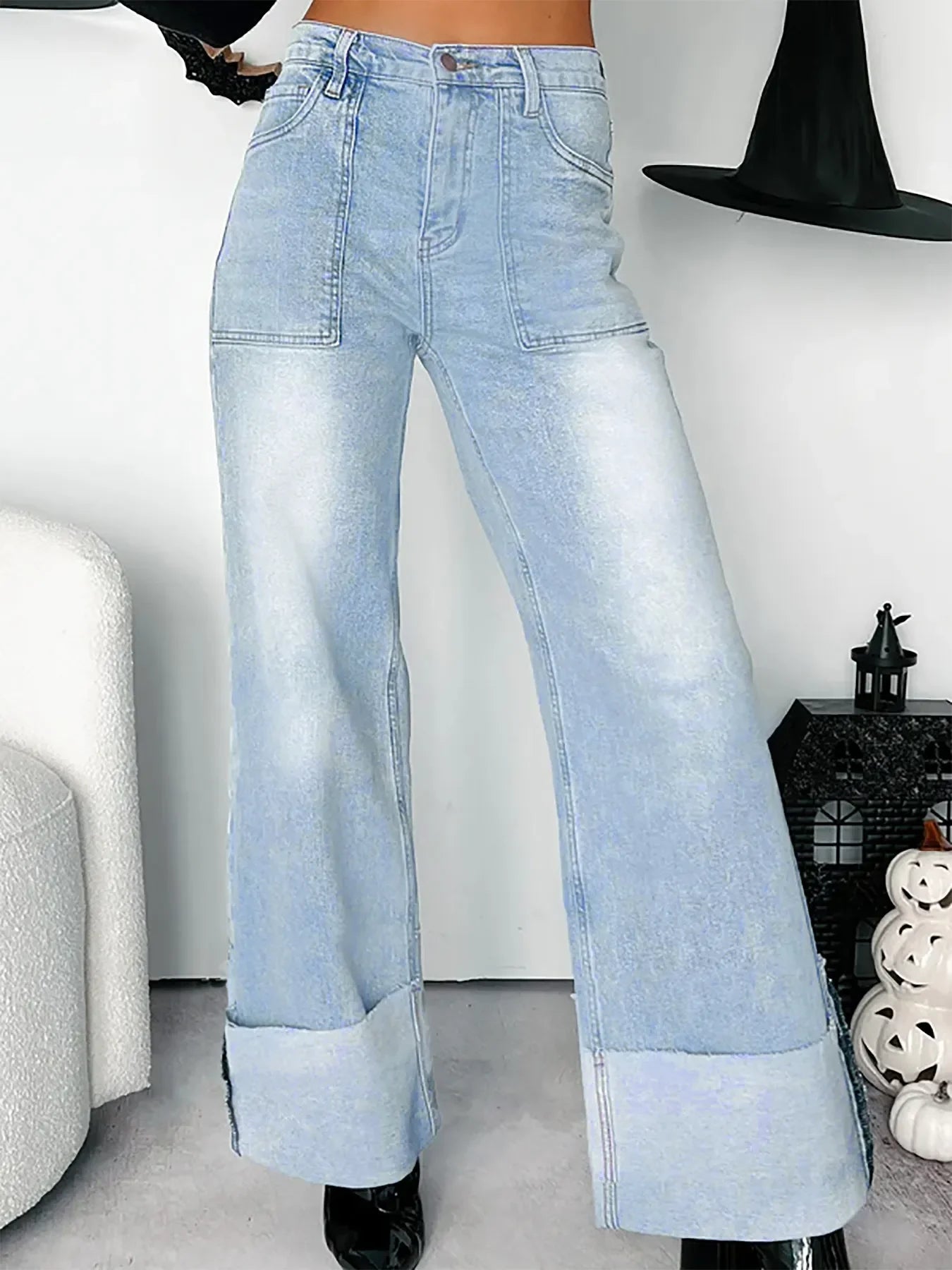 Coastal High Waisted Wide Leg Jeans With Cuffed Hem