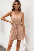 Solid Buttoned Round Neck Sleeveless Tie Romper - Southern Shores Clothing