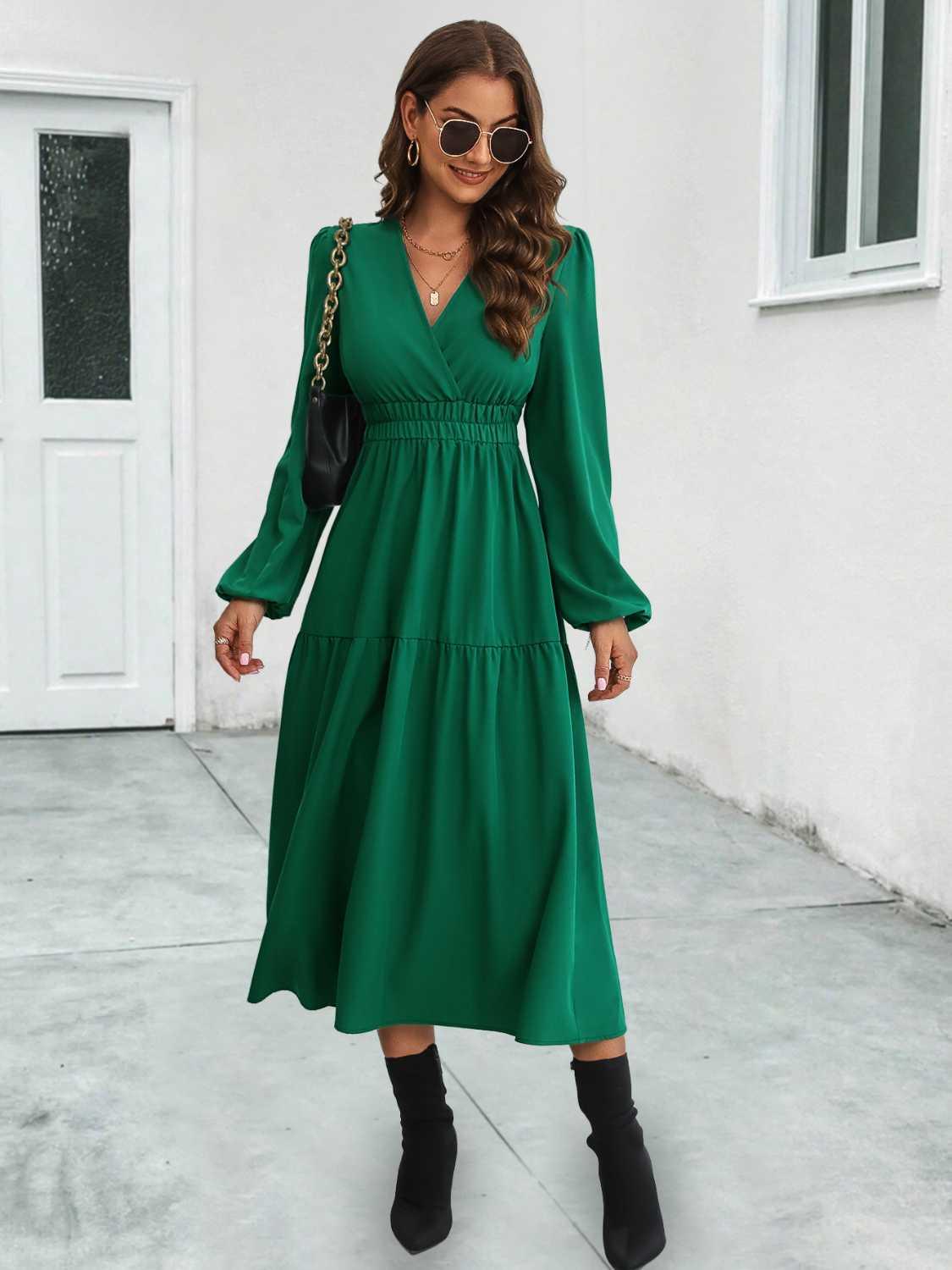 Surplice Neck Long Sleeve Midi Dress Coastal Casual - Southern Shores Clothing