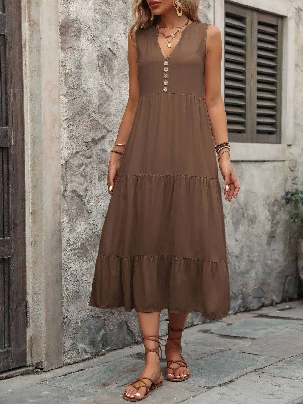 Notched Sleeveless Maxi Dress With Buttons - Southern Shores Clothing