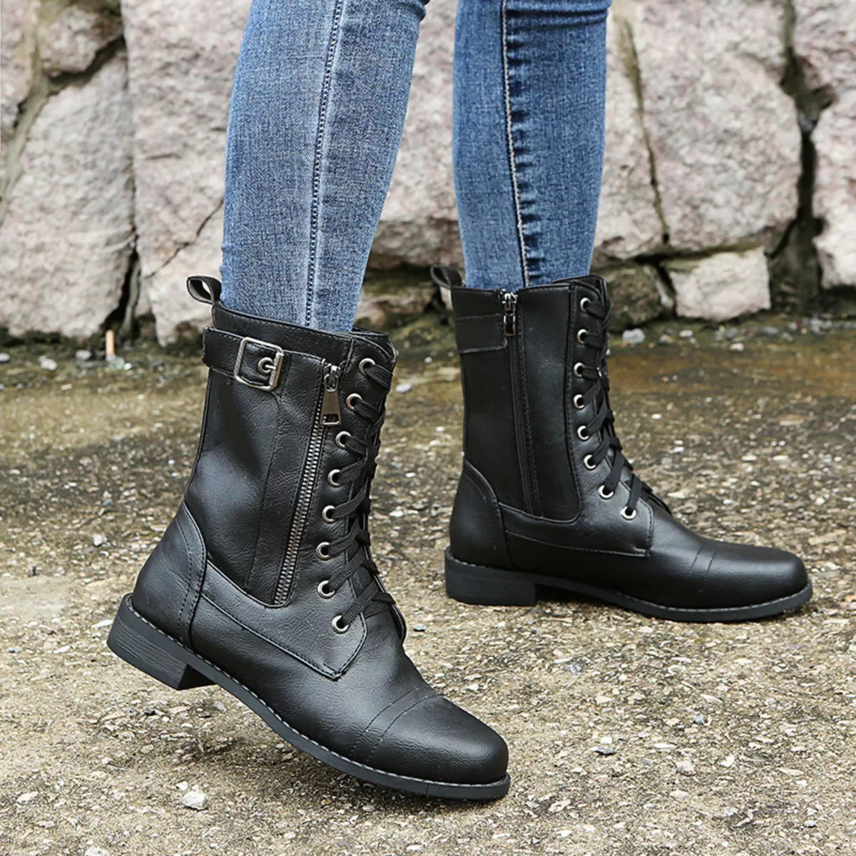Lace-Up Ankle Boots With Zipper Detail, Low Heels - Southern Shores Clothing