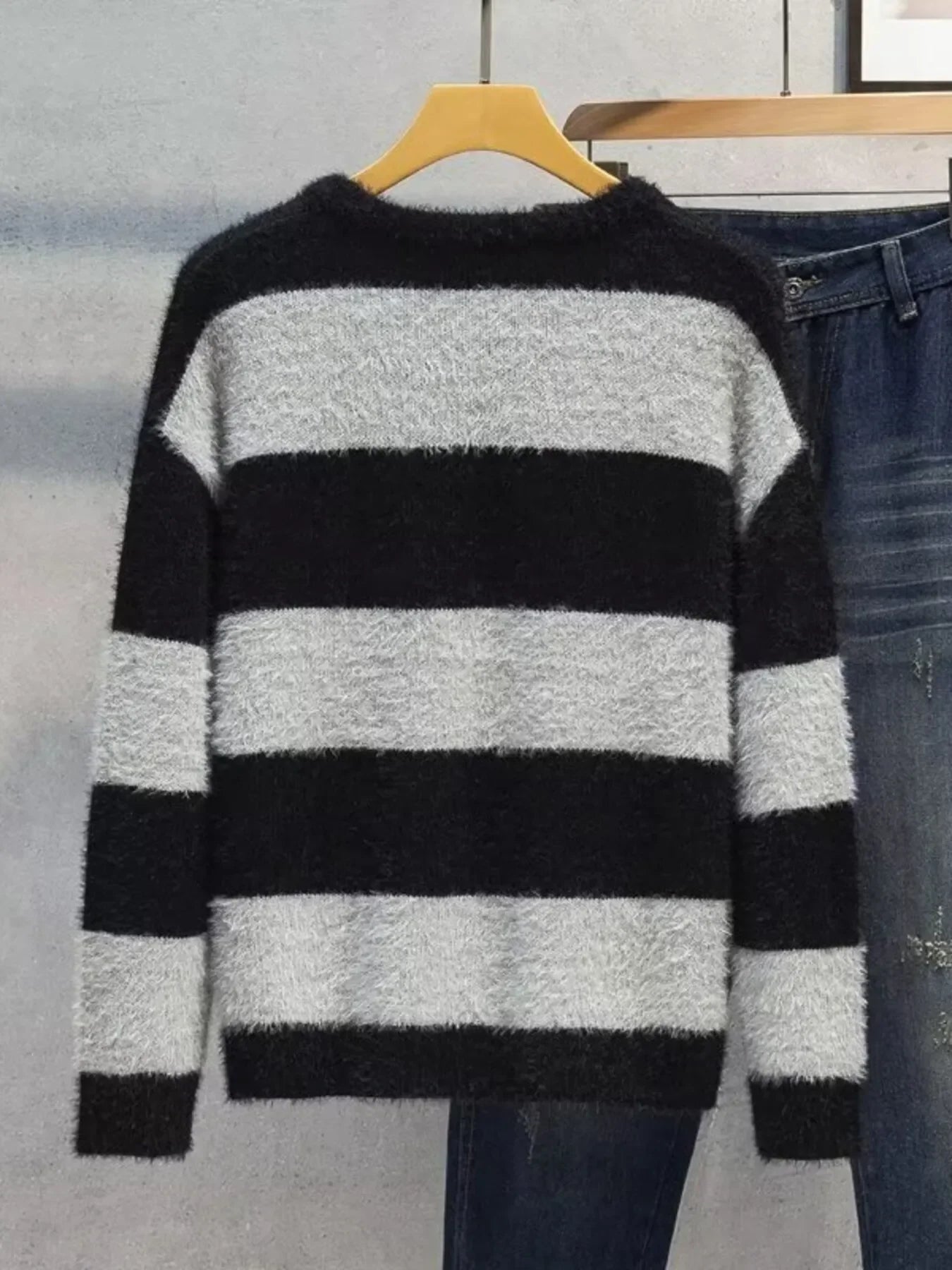Plus Size Striped Fuzzy Knit Pullover Sweater - Southern Shores Clothing