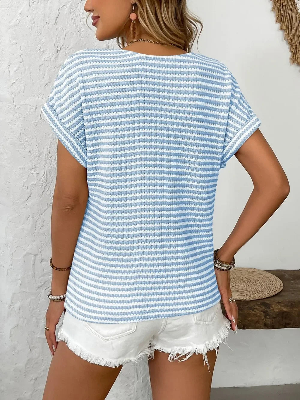 Striped V Neck Short Sleeve Buttoned Stretch T Shirt - Southern Shores Clothing