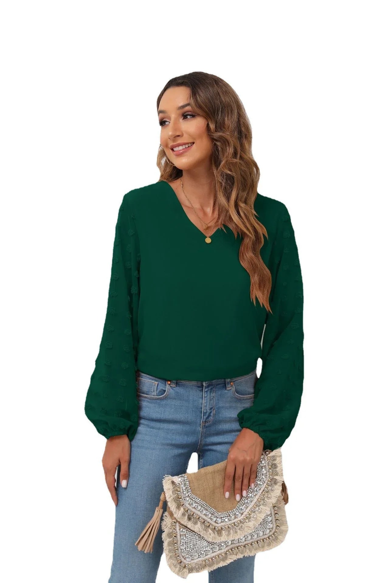 Stretch Swiss Dot V Neck Balloon Sleeve Blouse - Southern Shores Clothing