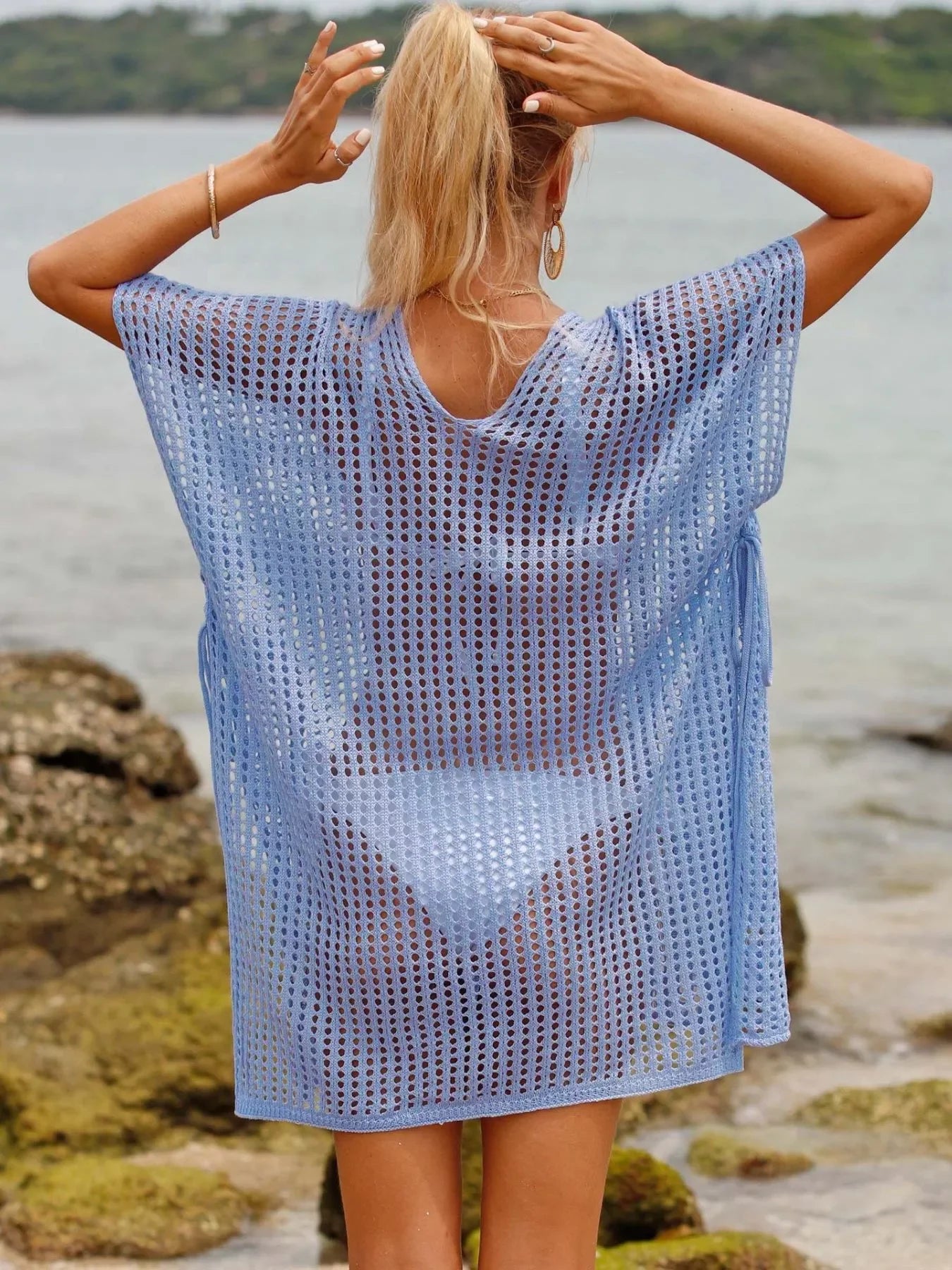 Openwork V-Neck Slit Cover-Up Mesh Knit Lightweight Relaxed Fit - Southern Shores Clothing