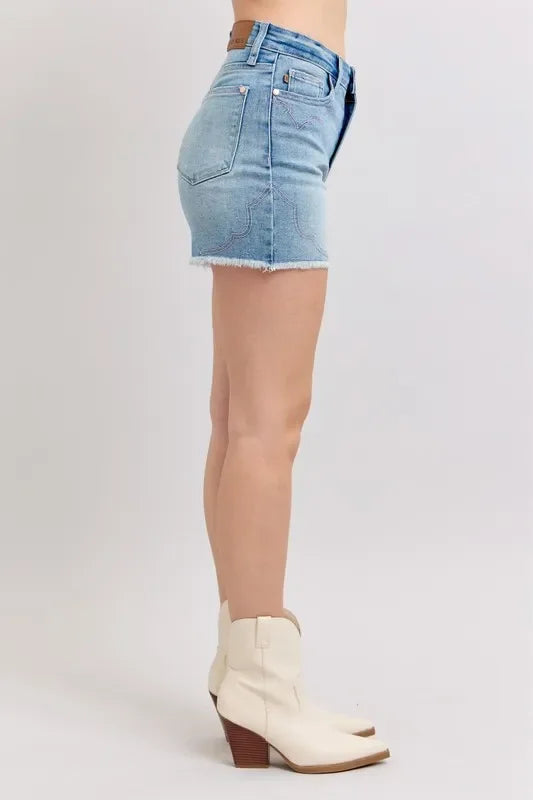 Plus Size High Waist Western Embroidered Cutoff Denim Shorts - Southern Shores Clothing