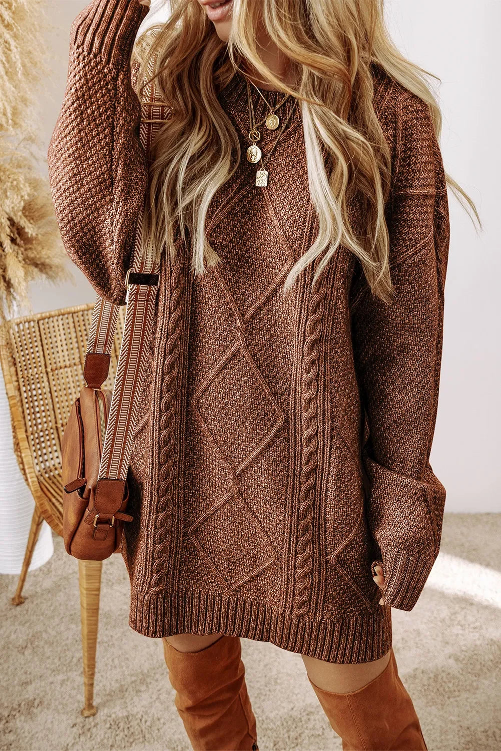 Casual Cable-Knit Round Neck Sweater Dress