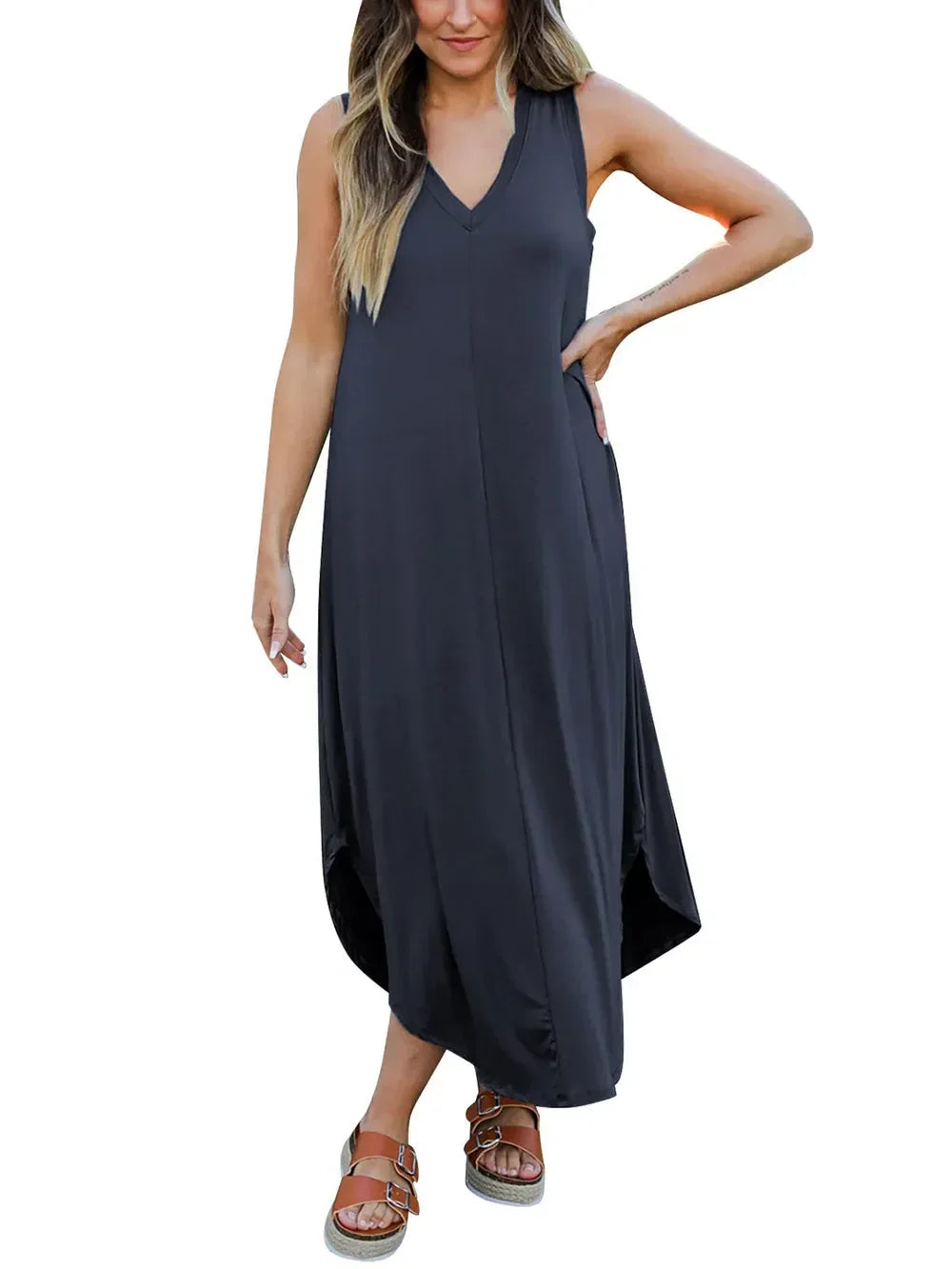 Casual Coastal V Neck Midi Tank Dress Everyday - Southern Shores Clothing