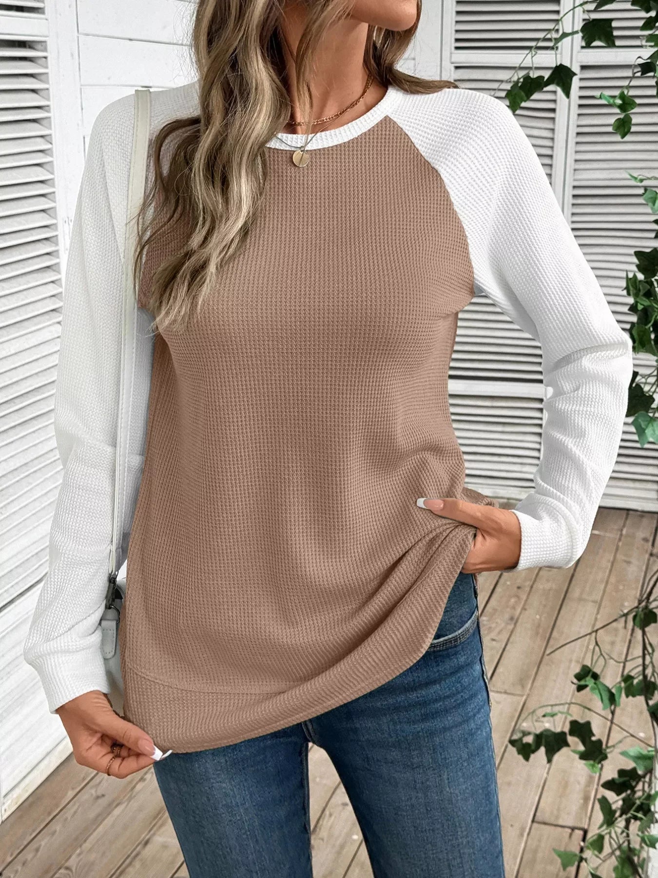 Contrast Raglan Sleeves Waffle Knit T Shirt - Southern Shores Clothing