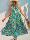 Tassel Printed Tie Neck Sleeveless Dress Viscose Relaxed Fit - Southern Shores Clothing