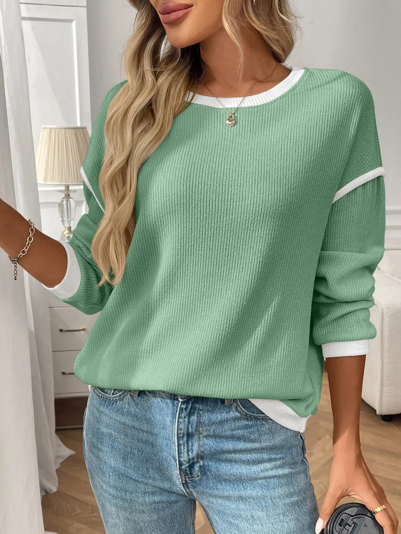 Ribbed Contrast Trim Long Sleeve Top - Southern Shores Clothing