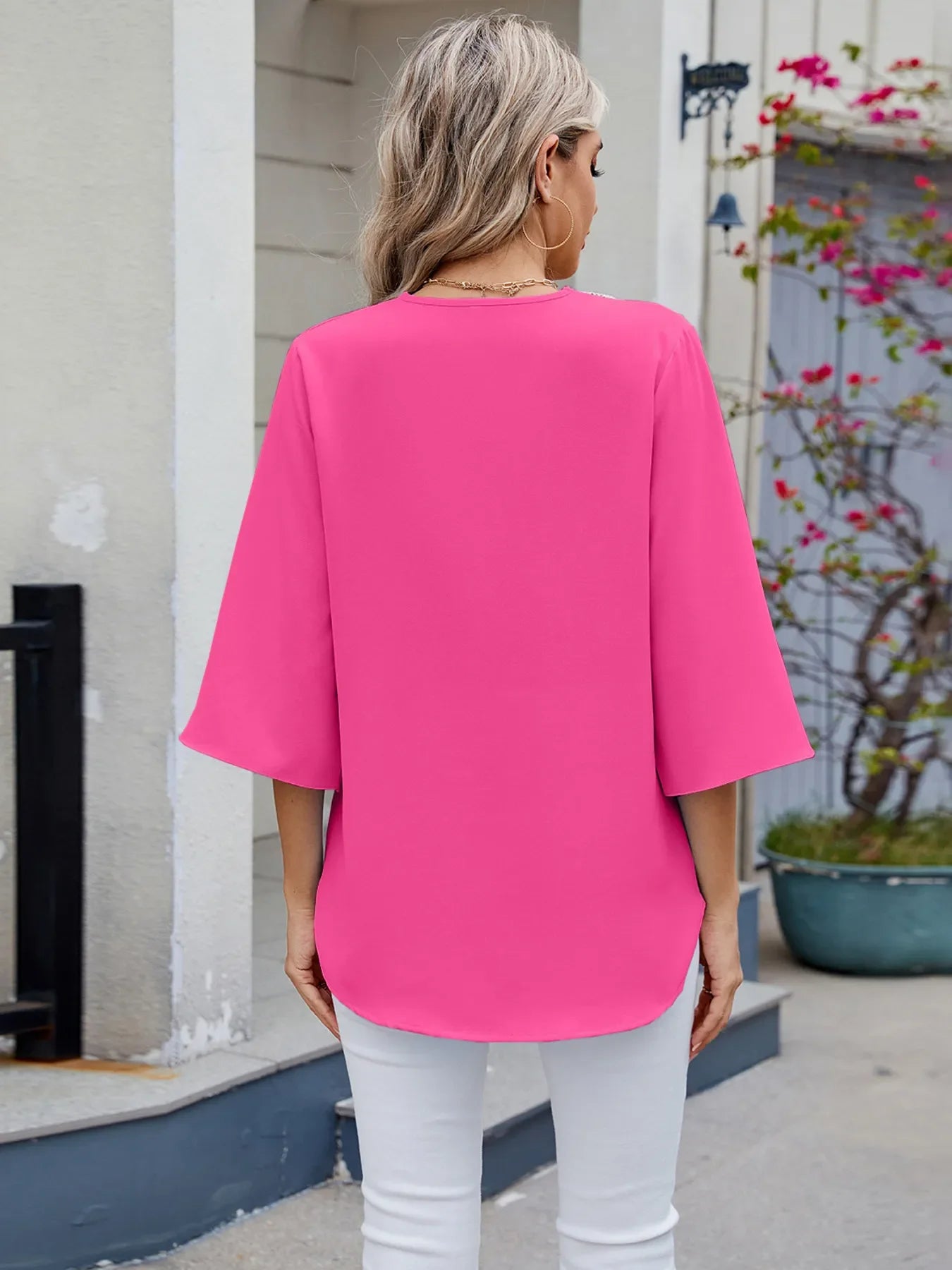 V-Neck Lace Trim Blouse With Rayon Blend And Spade Design - Southern Shores Clothing